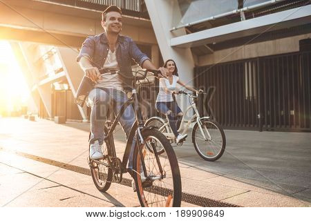 Romantic Couple With Bicycles In The City