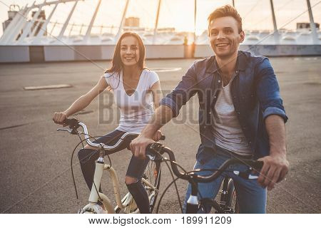 Romantic Couple With Bicycles In The City