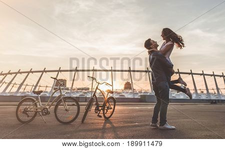 Romantic Couple With Bicycles In The City