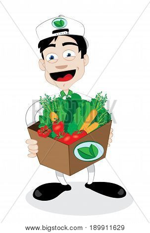 a vector cartoon representing a friendly and smiling courier, running and delivering an open carton full of fresh healthy vegetables - online order and fast shipping concept