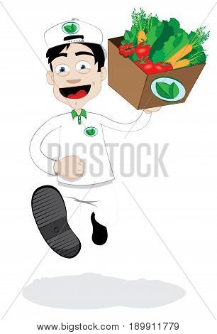 a vector cartoon representing a friendly and smiling courier, running and delivering an open carton full of fresh healthy vegetables - online order and fast shipping concept
