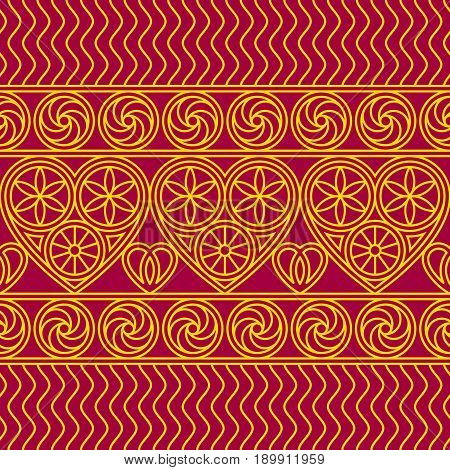 Decorative seamless ornament with hearts, circles, spirals and wavy lines. Golden lines on vinous background