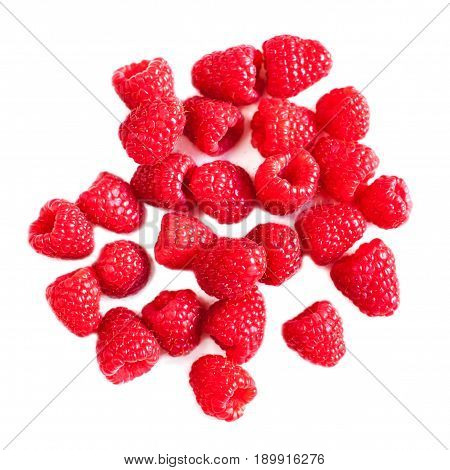 Ripe raspberries isolated on white background close up macro top view