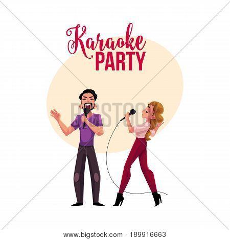 Karaoke party, contest banner, poster, postcard design with couple of singers, cartoon vector illustration on white background. Karaoke party banner with man and woma singing together