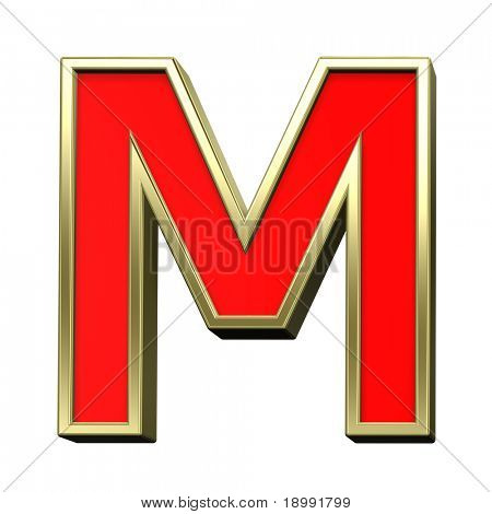 Una letra de rojo con el conjunto de marco brillante oro alfabeto, aislado en blanco. Pho 3D generadas por ordenador