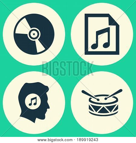 Audio Icons Set. Collection Of Cd, Meloman, File And Other Elements. Also Includes Symbols Such As Lover, Meloman, Turntable.