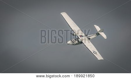 Biggleswade UK - 7th May 2017: Vintage Catalina in flight