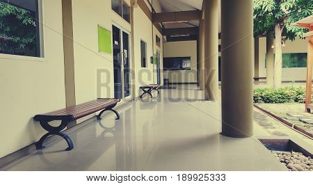 6 June 2017 Pathum Thani Tahiland: Empty walkway at public library,Perspective of empty corridor walkway,Retro design in Pathum Thani.