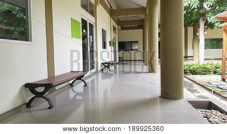 6 June 2017 Pathum Thani Tahiland: Empty walkway at public library,Perspective of empty corridor walkway,Retro design in Pathum Thani.