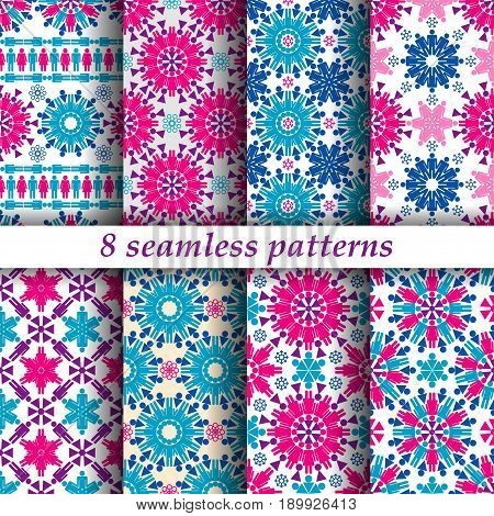 Set of eight seamless patterns with symbols of male and female gender. Swatches included