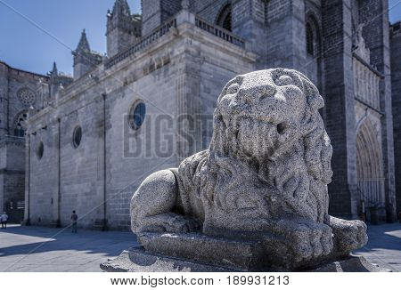 Old Statue Of A Lion In Medieval European Town Of Avila