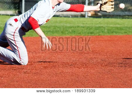 A shortstop dives fot the ball during a baseball game on a red turf infield