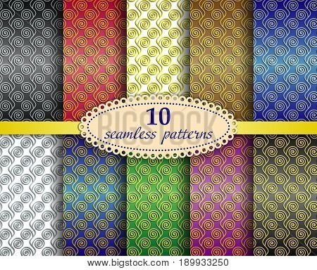 Set of ten abstract seamless patterns with wavy lines and spiral elements