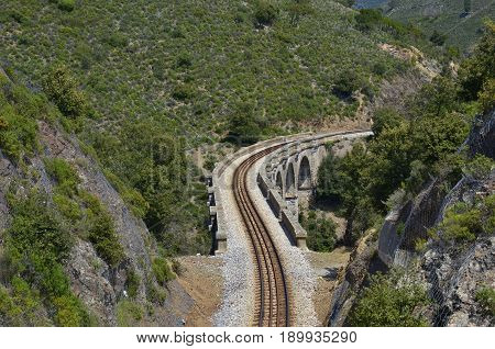 Railway viaduct at Froncardo-Soveria railroad haul. Upper Corsica, France