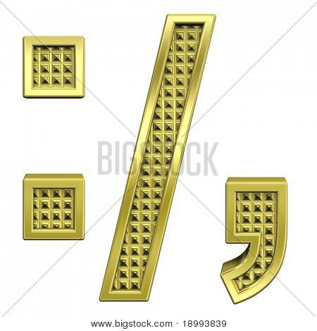 Colon, periodo, virgola punto e virgola, dal set di alfabeto oro zigrinata, isolata on white. Computer generano