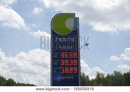 Saint Petersburg Russia - 06 June 2017. The price of gasoline and diesel fuel at the gas station Neste in rubles.