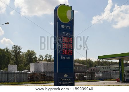 Saint Petersburg, Russia - 06, June, 2017. Bulletin Board with the prices of gasoline and diesel fuel at the gas station Neste.