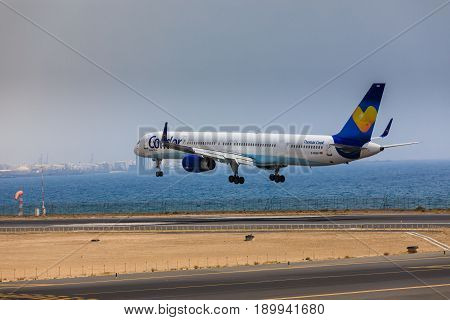 Arecife, Spain - April, 16 2017: Boeing 757-300 Of Condor With The Registration D-abom Landing At La
