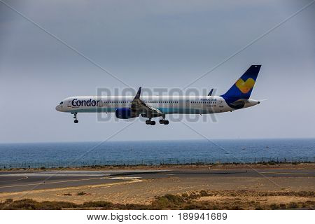 Arecife, Spain - April, 16 2017: Boeing 757-300 Of Condor With The Registration D-abom Landing At La