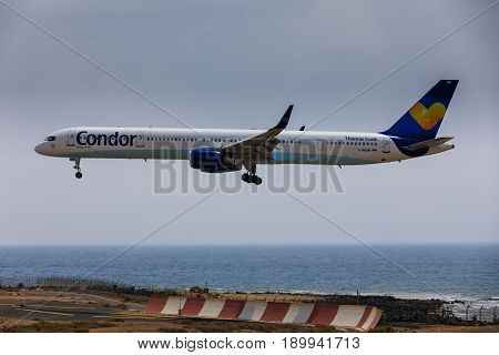Arecife, Spain - April, 16 2017: Boeing 757-300 Of Condor With The Registration D-abom Landing At La