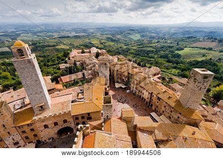 San Gimignano is a small walled medieval hill town in the province of Siena Tuscany Italy