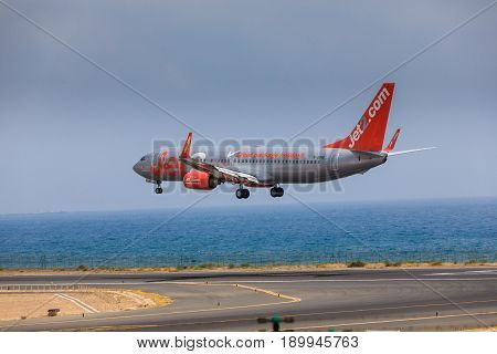 Arecife, Spain - April, 16 2017: Boeing 737-800 Of Jet2 With The Registration G-jzhg Landing At Lanz
