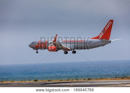 Arecife, Spain - April, 16 2017: Boeing 737-800 Of Jet2 With The Registration G-jzhg Landing At Lanz