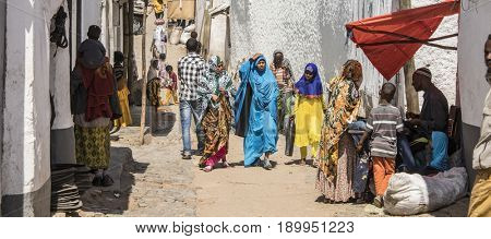 HARAR, ETHIOPIA-MARCH 31, 2017: Unidentified people walk the streets of the ancient city of Harar, Ethiopia