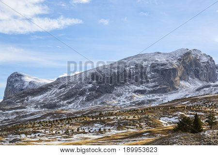 Winter landscape in Alps in Devoluy Massif (Mountain Aurouze and Peak Boule) with little snow in late December - a very worrying sign of climate change.