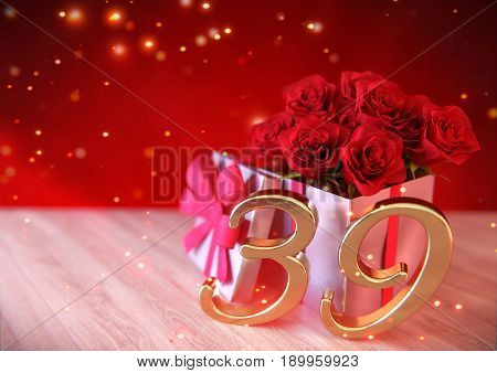 birthday concept with red roses in the gift on wooden desk. 3D render - thirty-nineth birthday. 39th
