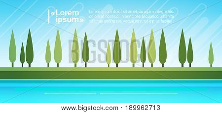 Summer Landscape Mountain Forest Trees On River Bank Sky Woods Flat Vector Illustration
