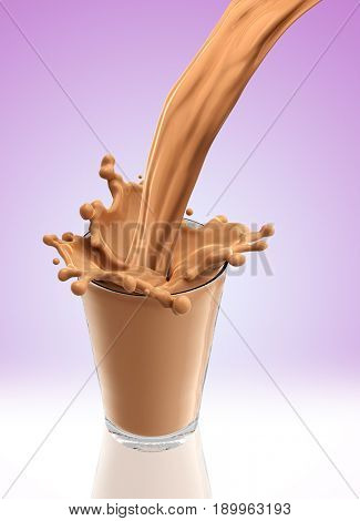 Splash of chocolate milk from the glass .Pink background. 3d rendering