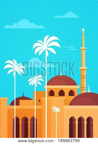 Muslim Cityscape Nabawi Mosque Building Religion Flat Vector Illustration