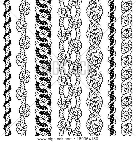 Set of black and white vector seamless borders with ropes
