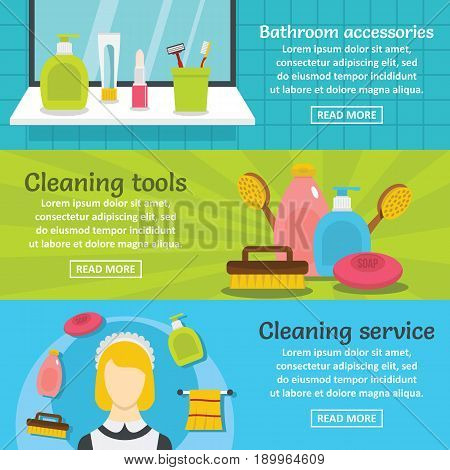 Cleaning hygiene banner horizontal concept set. Flat illustration of 3 cleaning hygiene vector banner horizontal concepts for web