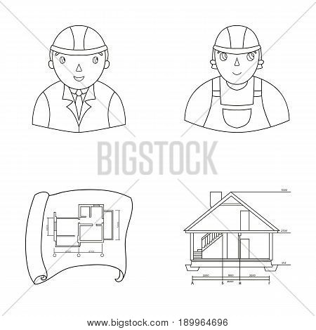 Engineer-constructor, construction worker, site plan, technical drawing of the house. Architecture set collection icons in outline style vector symbol stock illustration .