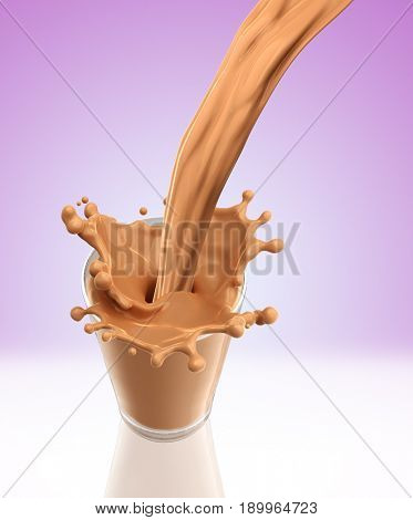 Splash of chocolate milk from the glass .Pink background. 3d rendering