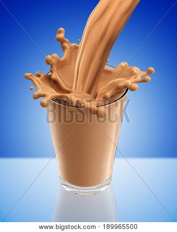 Splash of chocolate milk from the glass .Blue background. 3d rendering