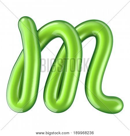 Glossy green letter M uppercase. 3D rendering font with glint isolated on white background.