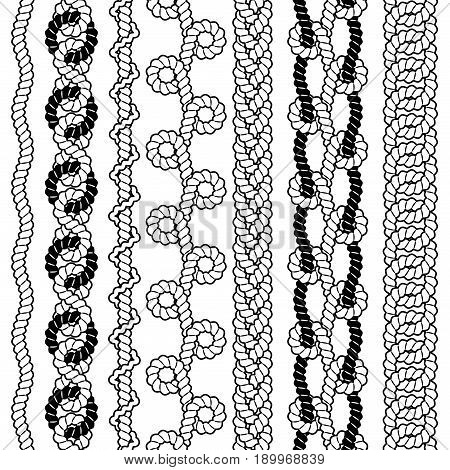 Set of black and white vector seamless borders with ropes