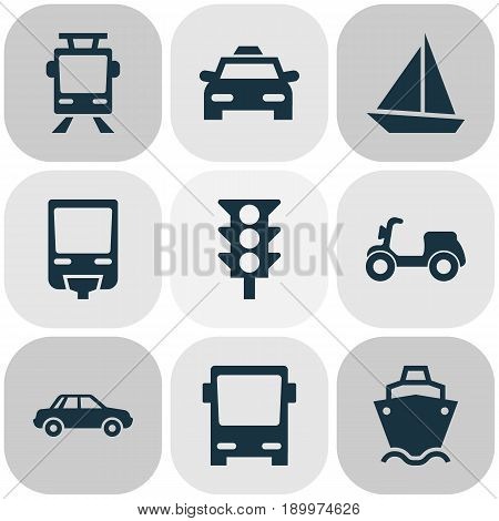 Transport Icons Set. Collection Of Omnibus, Cab, Automobile And Other Elements. Also Includes Symbols Such As Automobile, Light, Tram.