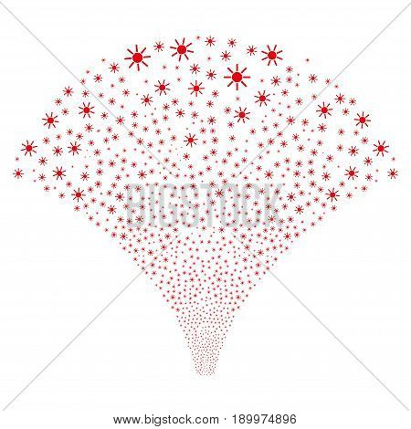 Source stream of sun icons. Vector illustration style is flat red iconic symbols on a white background. Object salute done from scattered design elements.