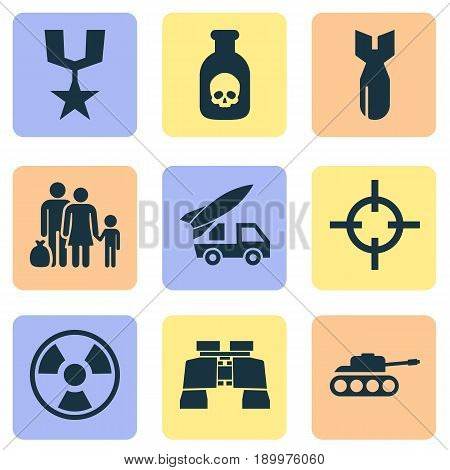 Army Icons Set. Collection Of Glass, Order, Ordnance And Other Elements. Also Includes Symbols Such As Target, Rocket, Rockets.