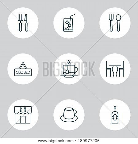 Icons Set. Collection Of Fork Knife, Hooch, Hot Drink And Other Elements. Also Includes Symbols Such As Eating, Drink, Alcohol.
