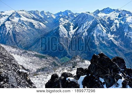 View form mountain top. Icicle Ridge Peak in Cental Cascade Mountains near Seattle and Leavenworth. Washington. United States.