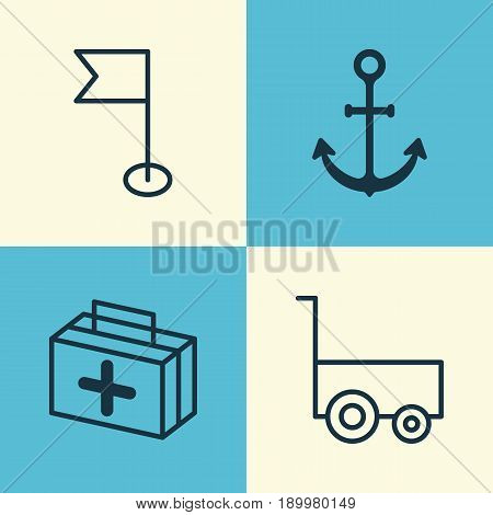 Travel Icons Set. Collection Of Freight Trolley, First Aid Bag, Ensign And Other Elements. Also Includes Symbols Such As First, Aid, Hook.