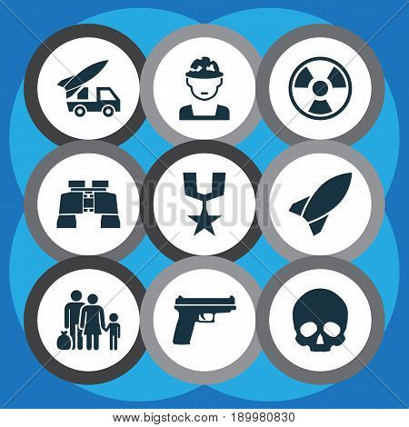 Battle Icons Set. Collection Of Missile, Military, Ordnance And Other Elements. Also Includes Symbols Such As Danger, Rocket, Zoom.