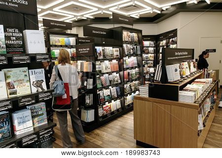 New York June 1 2017: People are browsing a newly opened Amazon Books store in Time Warner Center.