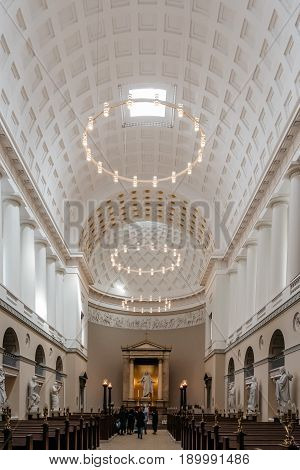 Copenhagen Denmark - August 10 2016. Interior view of the Church of Our Lady the cathedral of Copenhagen. It is situated on Frue Plads and next to the main building of the University of Copenhagen.