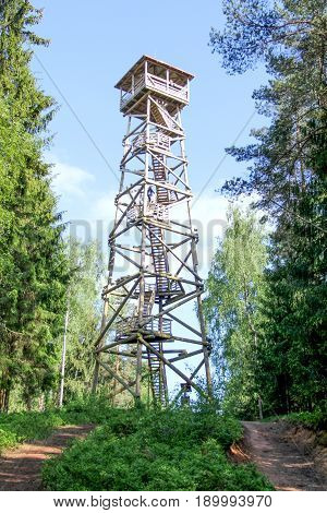 watchtower in the pine forest, wooden watchtower